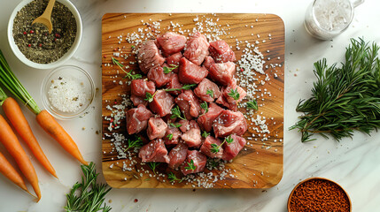 Diced beef pieces on a wooden board with coarse salt, herbs, and assorted cooking ingredients arranged around