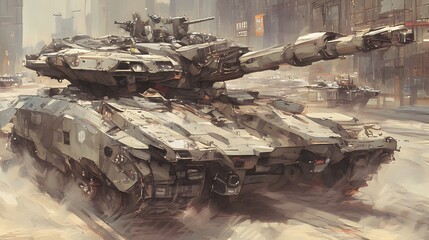 Imagine a tank designed for urban warfare with reinforced armor and camouflage suited for city environments