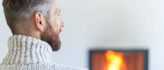  A man faces the fireplace with his back to the camera, gazing into the fire