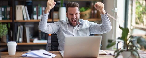 Cheerful male businessman entrepreneur professional working on laptop while sitting at office desk, Generative AI