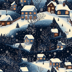 Christmas seamless pattern with traditional cozy village, cute houses, snowy landscape