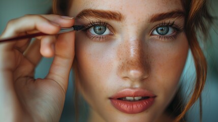 Wall Mural - Woman putting on mascara, makeup routine