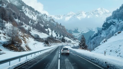 Wall Mural - A car is driving down a snowy mountain road