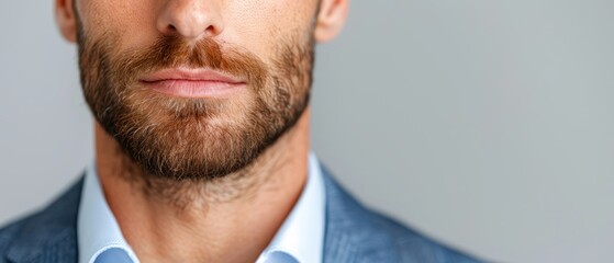  Man in blue suit, blue shirt, and blue tie – close-up of beard..Or, for more concise version:..Bearded man in blue attire