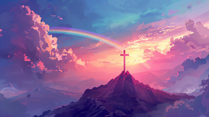 Wall Mural - Iconic representation of a cross atop a mountain peak against a vibrant rainbow-filled sky