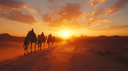 Canvas Print - Desert Sunset Camel Caravan - A Realistic Image