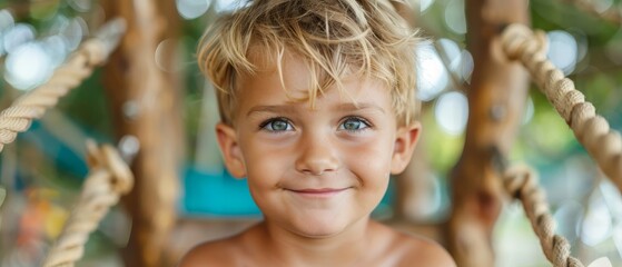  A child's face, beaming with joy, in close proximity to a swing Tree in the backdrop