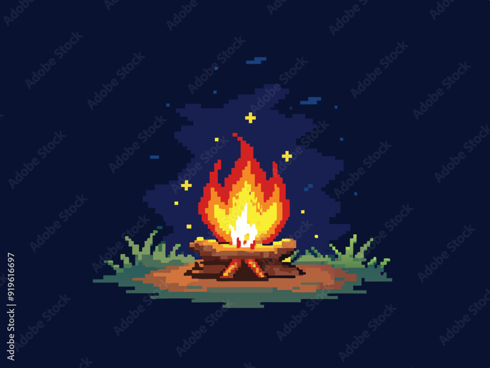 Pixel art campfire. Red bonfire, fire wood burning with big flame and ...