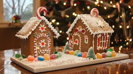 Wall Mural - Gingerbread houses adorned with candy canes and gumdrops, a delightful Christmas tradition.