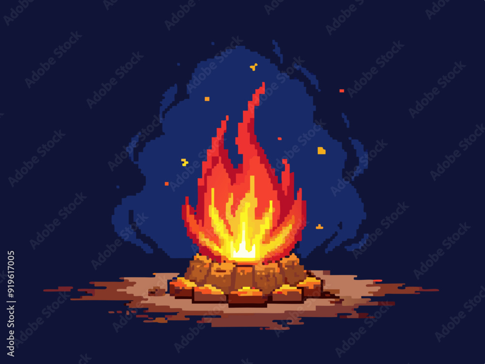 Pixel art campfire. Red bonfire, fire wood burning with big flame and ...