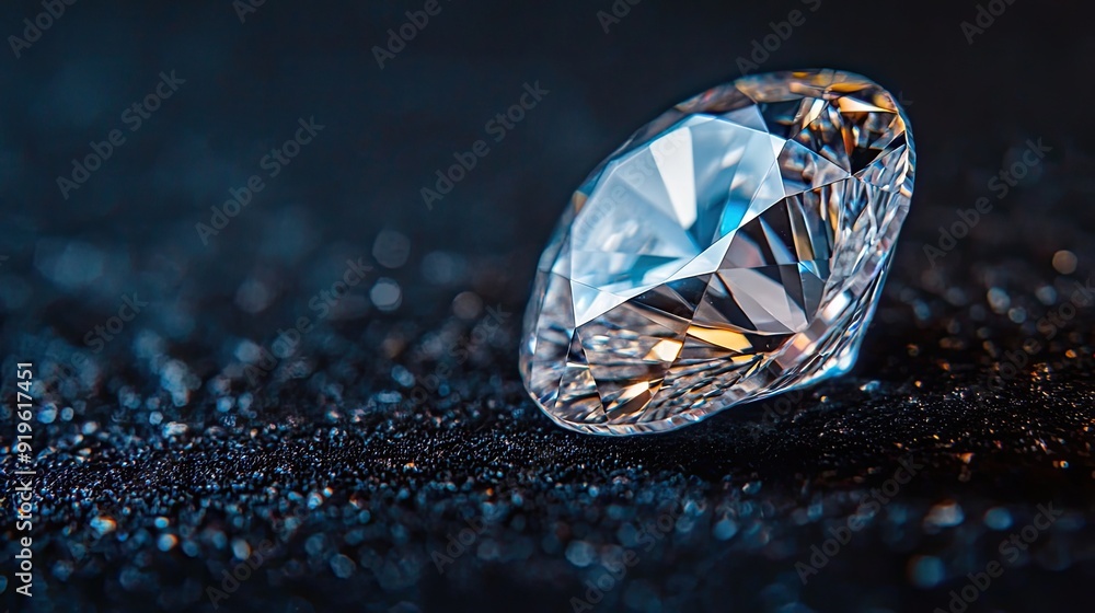 Close-up of a diamond with light reflecting off its facets, creating a mesmerizing sparkle on a black velvet background, symbolizing luxury and elegance.