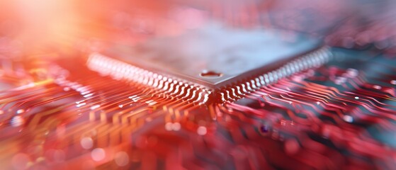 Wall Mural -  A tight shot of a circuit board displaying a red and blue light emanating from its upper section