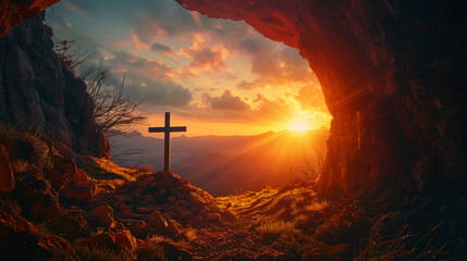 Wooden cross standing on a hill near a cave with the sunrise in the valley below