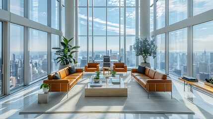 Wall Mural - A contemporary high-rise office with large windows offering stunning views of the urban landscape, modern furniture, minimalist decor, and ample natural light,