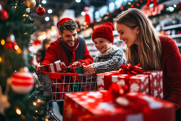 Family shopping for Christmas gifts with a cart full of presents