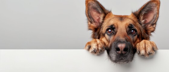 Poster -  A tight shot of a dog leaning over a white sign, its paws gripping the edge