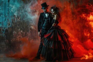 woman in red dress with man and red  smoked background