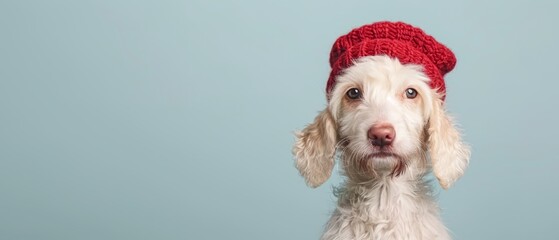  A white dog with a red knitted hat in front of a blue backdrop