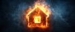 © Mikus - A house engulfed in flames, situated in a dark room's midst, emitted smoke through its upper portion
