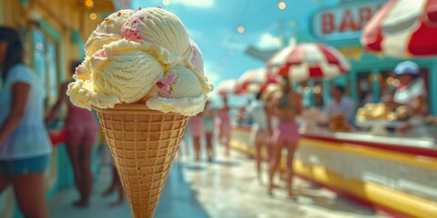 Wall Mural - People celebrating National Ice Cream Month, August, enjoying various flavors, ice cream parlor, hot summer day