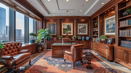 Wall Mural - A high-end corporate executive office featuring a mahogany desk, plush leather chairs, elegant decor such as framed artwork and bookshelves, large windows with panoramic city views,