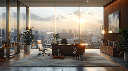 Wall Mural - A high-rise office with expansive windows showcasing a beautiful cityscape, modern furniture, minimalist design, and natural light flooding the space,