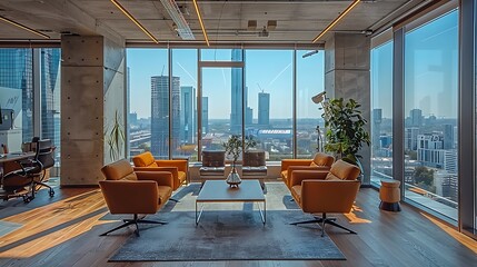 Canvas Print - A high-rise office with floor-to-ceiling windows offering breathtaking views of the city skyline, featuring modern furniture, sleek decor, and natural light flooding the room,