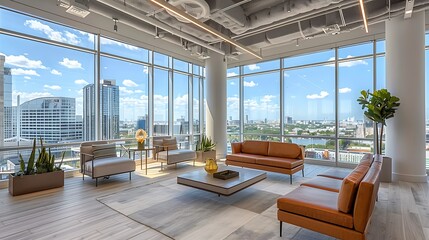 Wall Mural - A luxurious high-rise office with floor-to-ceiling windows providing breathtaking views of the urban skyline, featuring modern furniture, elegant decor, and abundant natural light,