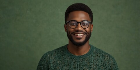 Stylish African man smiling in casual sweater and glasses on green background