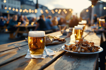 glasses of beer on a wooden table on the terrace, during Octoberfest in the city street