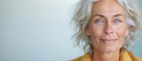  An older woman with white hair, wearing a yellow scarf around her neck, smiles at the camera