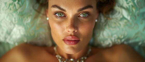 Wall Mural -  A close-up of a woman's face adorned with a necklace - a pearl one encircling her neck