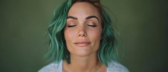 Wall Mural -  A woman with closed green eyes is turning her head to the side