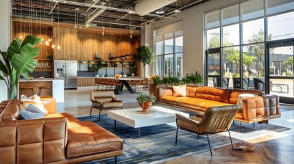 Wall Mural - A modern co-working space featuring diverse seating options like shared tables, private workstations, and cozy lounge areas, vibrant decor, community zones for collaboration,