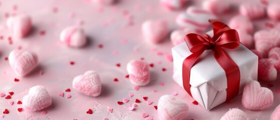 Wall Mural -  A white box topped with a red bow, surrounded by pink and white heart-shaped confetti