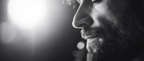 Wall Mural -  A monochrome image of a man's visage, illuminated by light filtering through a window behind