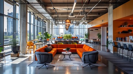 Canvas Print - A modern open plan office with spacious seating areas, large communal tables, and a focus on teamwork and communication, featuring sleek furniture, vibrant decor,