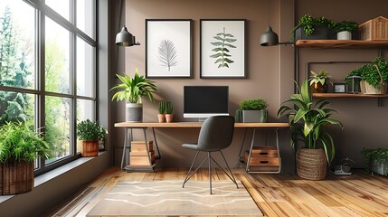 Poster - A modern remote work hub with an ergonomic chair, a sleek desk with organized storage solutions, soothing neutral colors, large windows letting in natural light, and minimalistic decor,