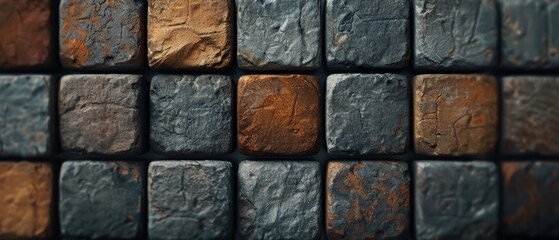 Sticker -  A tight shot of a multicolored brick wall, featuring shades of gray, brown, and black bricks The textured surface showcases intricate patterns of rust