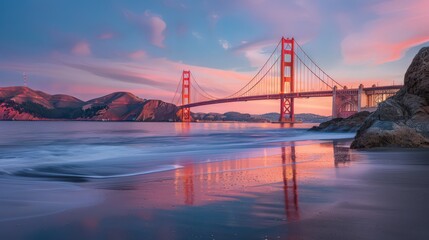 Sticker - The Golden Gate Bridge bathed in the warm hues of sunset,