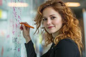 Young businesswoman writing on glass board at modern office, Generative AI