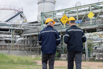 Back view of petroleum engineer  working at oil refinery site