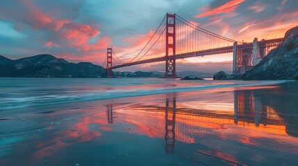 Sticker - The Golden Gate Bridge with a vibrant sunset in the background, casting a golden glow over the bridge and reflecting on the water below.