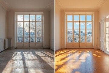 splitscreen comparison of old and renovated apartment interiors before wornout room after modern bright space with large windows and sleek heating system