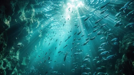 Sticker - Sunbeams Illuminate a School of Fish