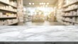 © 69 - White marble tabletop with a softly blurred drugstore interior in the background, perfect for showcasing medical or health products.