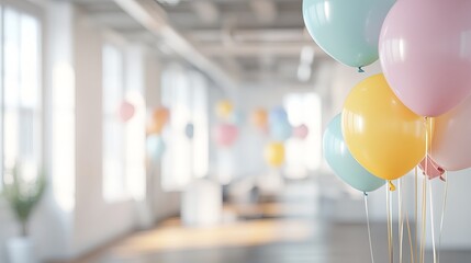 Wall Mural - Abstract background featuring a blurred office interior decorated with colorful balloons. 