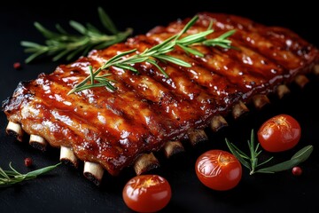 A close-up shot of a rack of perfectly glazed barbecue ribs, glistening with sauce and garnished with fresh rosemary sprigs. 