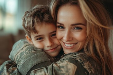 Excited military mom reuniting with her son at home, Generative AI