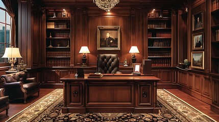 Wall Mural - An elegant home office with a large mahogany desk, plush leather chair, tasteful decor such as framed artwork and antique bookshelves, warm ambient lighting,